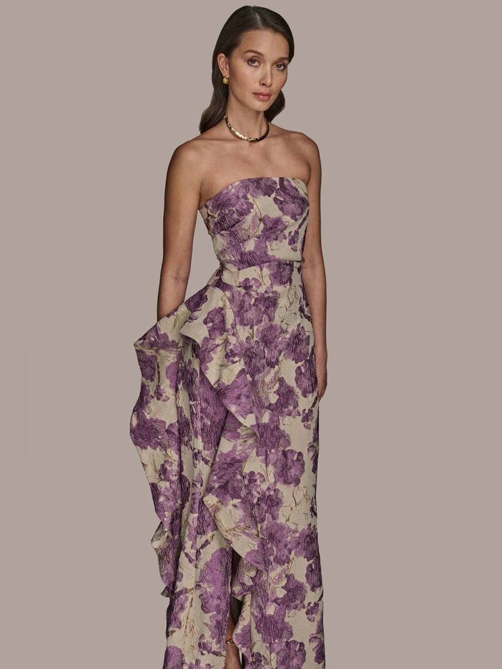 Donna Karan New York Floral Brocade Strapless Ruffle Gown Purple  Size 14 NWT - Picture 2 of 13